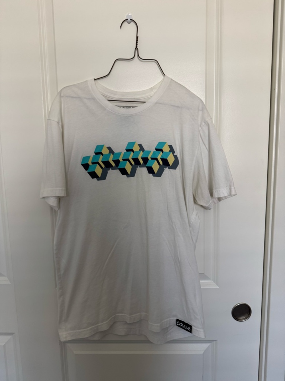 Pink Dolphin White Tee with Teal, Yellow & Navy Geometric Print
